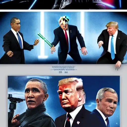 Prompt: photo of putin, trump, obama and bush having a lightsaber fight, starwars poster style