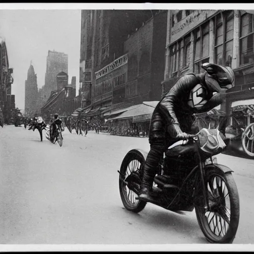 Image similar to old black and white photo, 1 9 1 3, depicting batman on a motorcycle from dark knight racing through the bustling streets of new york city, rule of thirds, three - point perspective, historical record