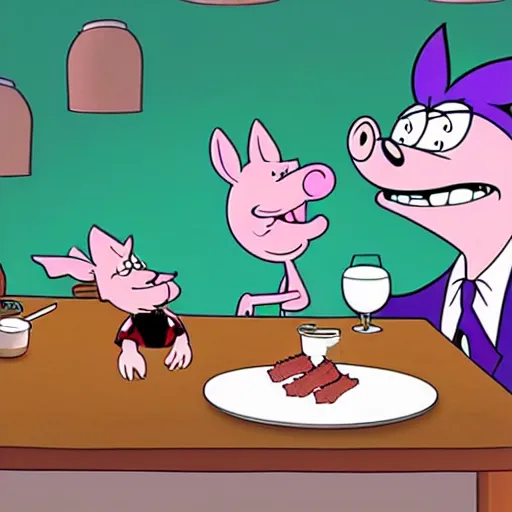 Image similar to rick sanchez and porky pig eating a brisket, cartoon, cell animation, highly detailed