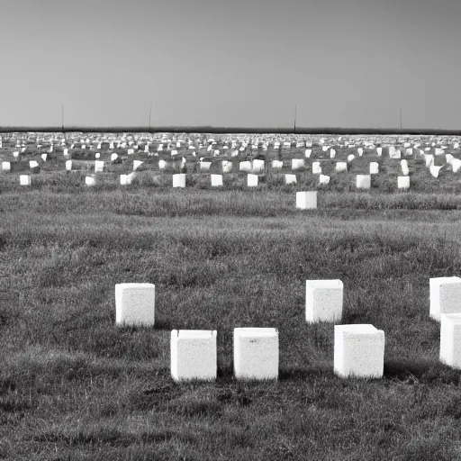 Prompt: color landscape photograph of a line of identical large white concrete blocks standing in a featureless grassy field