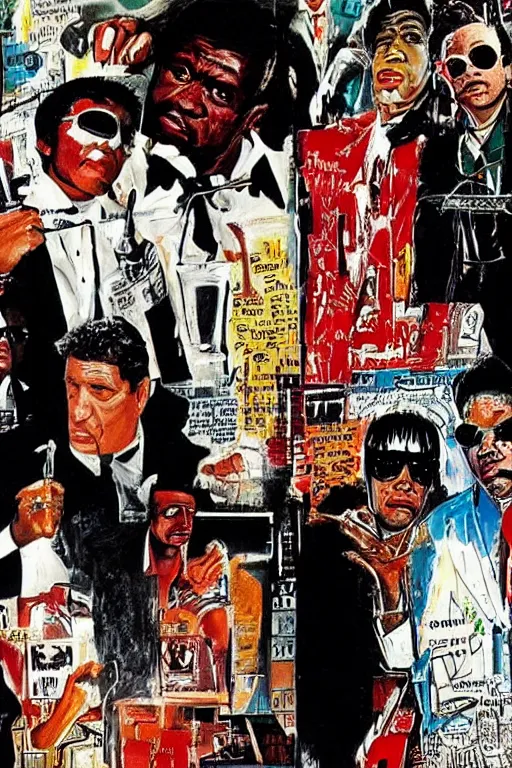 Image similar to scene from scarface movie, mafia, basquiat - style, retro - futuristic