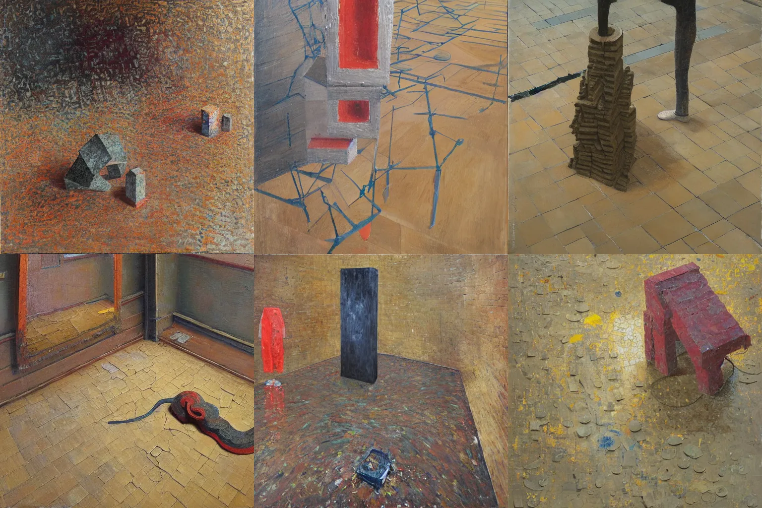 Prompt: a detailed, impasto painting by shaun tan and louise bourgeois of an abstract forgotten sculpture on the floor by ivan seal and the caretaker