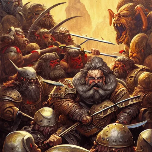 Prompt: painting of a single dwarven berserker facing a crew of crazy goblin warriors in deadly combat on a gladiator pit, sharp focus, high symmetry, award - winning, trending on artstation, masterpiece, highly detailed, intricate. art by rebecca guay