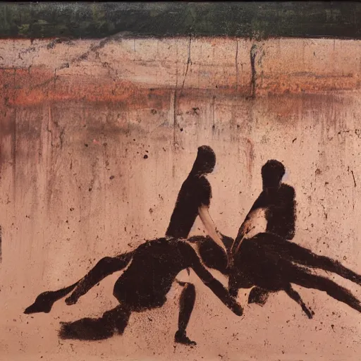 Prompt: 3 drunks fall over mud - wrestling,, oil painted ( ( ( ( ( ( by richard serra ) ) ) ) ) )