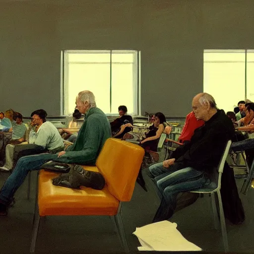 Prompt: werner herzog sits surrounded by empty chairs in the waiting area of the dmv. ultra wide angle, style of edward hopper, wes anderson, award winning, hyperrealistic, art of elysium by jeremy mann and alphonse mucha, dynamic lighting, very detailed face, 4 k