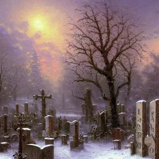 Prompt: Thomas Kinkade painting of a dreary and desolate graveyard in the midst of winter, hopeless, depressing, dead trees