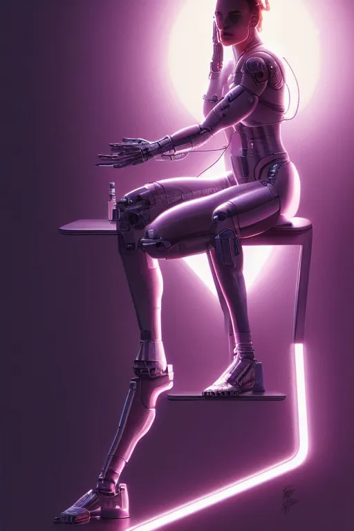 Image similar to cyborg, Natalie Portman sitting on a stool, very detailed, dramatic lighting, electrical details, high details, 4k, 8k, trending on artstation, by Greg Rutkowski, Wayne Barlowe, Hajime Sorayama and Boris Vallejo