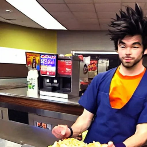 Image similar to a grainy cell phone photo of goku spotted working the cash register at a fast food restaurant.