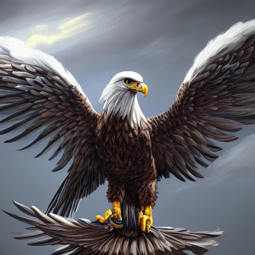 Image similar to A extremely detailed painting of a eagle with a fighterjet-helmet, standing bird, sharp claws, cloudy, midnight, smoke, ultra high detail digital art, trending on Artstation, unreal engine