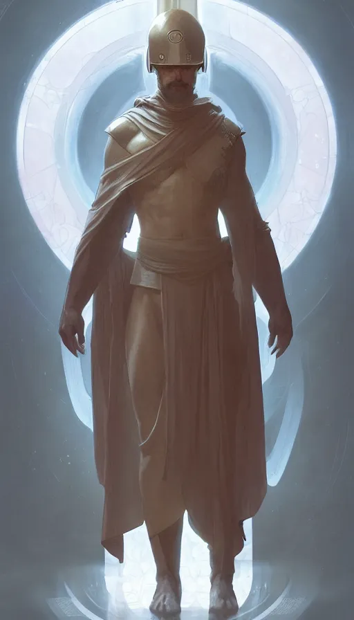 Prompt: full body Character design of a scifi religious monk with helmet, symmetrical, center punched, Archviz, elegant, intricate, digital painting, artstation, concept art, smooth, sharp focus, illustration, art by artgerm and greg rutkowski and alphonse mucha