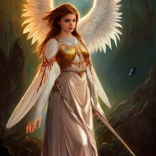 Image similar to portrait of young aasimar angel girl maiden wearing comfy leather armor with beautiful feathered angel wings, cute face, brown eyes, Alison Williams, Emma Roberts, Blizzard, Diablo, by artgerm and greg rutkowski and alphonse mucha and andrei riabovitchev, 4k oil on linen, vivid colors, colorful, high dynamic range, HDR, intricate, elegant, highly detailed, digital painting, artstation, concept art, smooth, sharp focus, illustration