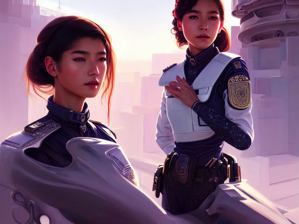 Image similar to portrait futuristic mexico police uniform girl, at future neon light rooftop, ssci - fi and fantasy, intricate and very very beautiful and elegant, highly detailed, digital painting, artstation, concept art, smooth and sharp focus, illustration, art by tan zi and ayanamikodon and alphonse mucha and wlop