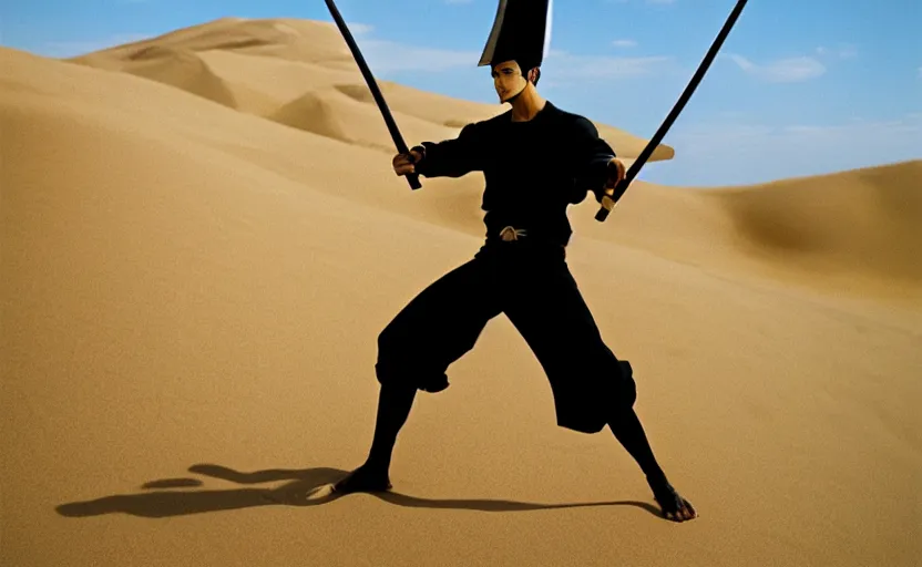 Image similar to roronoa zoro in sand dunes, photography