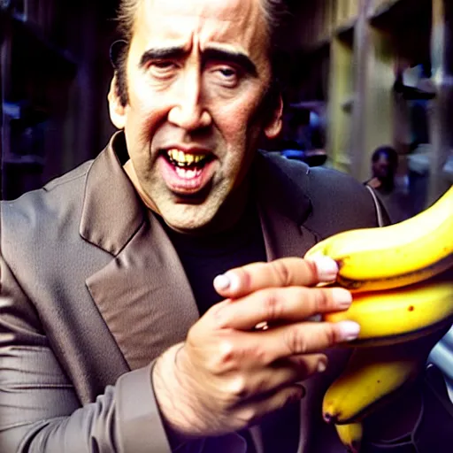 Prompt: uhd candid photo of nicholas cage, down on his luck, ranting maniacally on skid row while wielding a banana. correct face, intricate details, hyperdetailed, accurate face. photo by annie leibowitz