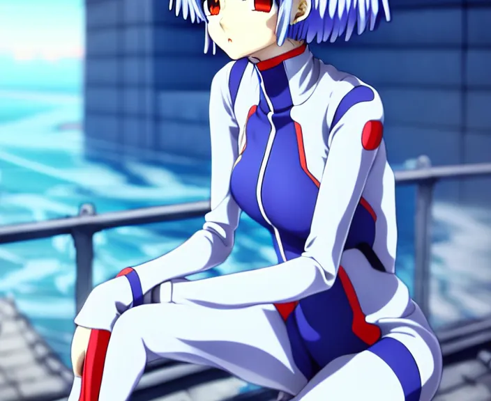 Image similar to anime art, fullbody shot of female rei ayanami, evangelion, long blue hair and large eyes, finely detailed perfect face, in a pale skintight plugsuit, sitting on rooftop, flooded city, trending on pixiv fanbox, by ilya kuvshinov, sola digital arts,, raytracing