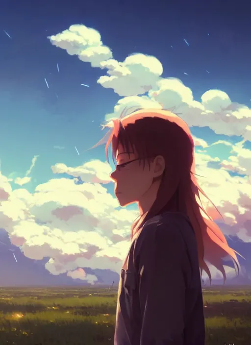 Image similar to portrait of joe dirt, cloudy sky background lush landscape illustration concept art anime key visual trending pixiv fanbox by wlop and greg rutkowski and makoto shinkai and studio ghibli