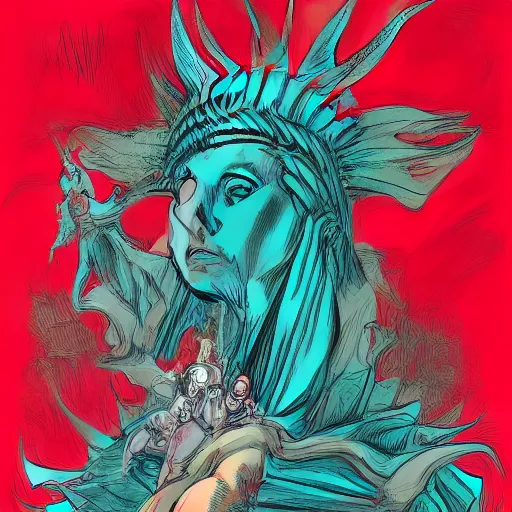 Image similar to lady gaga dressed as Lady Liberty sitting on top of a red dragon, illustration concept art in the style of Arthur Adams