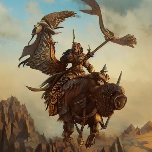 Prompt: The large birds of war, barbarian muscular men riding saddled to the back of the large griffin bird, swords held high, medieval war rages below, highly detailed, digital painting, artstation, concept art, smooth, sharp focus, illustration, art by artgerm and greg rutkowski and alphonse mucha