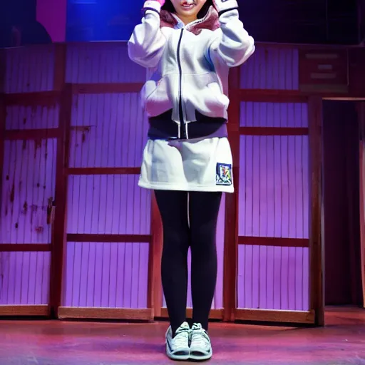 Prompt: chiaki nanami, a japanese girl with light hair in a bob, a hoodie, and a kind face stars in a broadway show, chiaki nanami from danganronpa, proshot getty images fullbody stage lights, professional photography