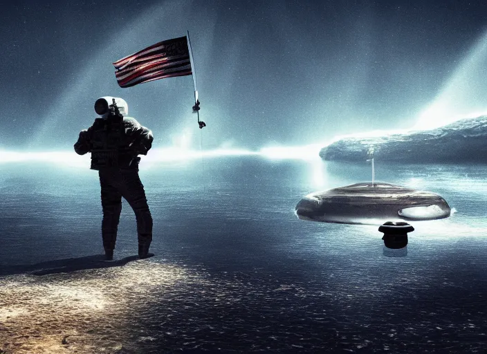 Prompt: astronaut holding a flag in an underwater desert. a submarine is visible in the distance. dark, concept art, cinematic, dramatic, atmospheric, 8 k, trending on artstation, blue, fish, low visibility, light rays, extremely coherent, bubbles, fog, ocean floor, christopher nolan, interstellar, finding nemo