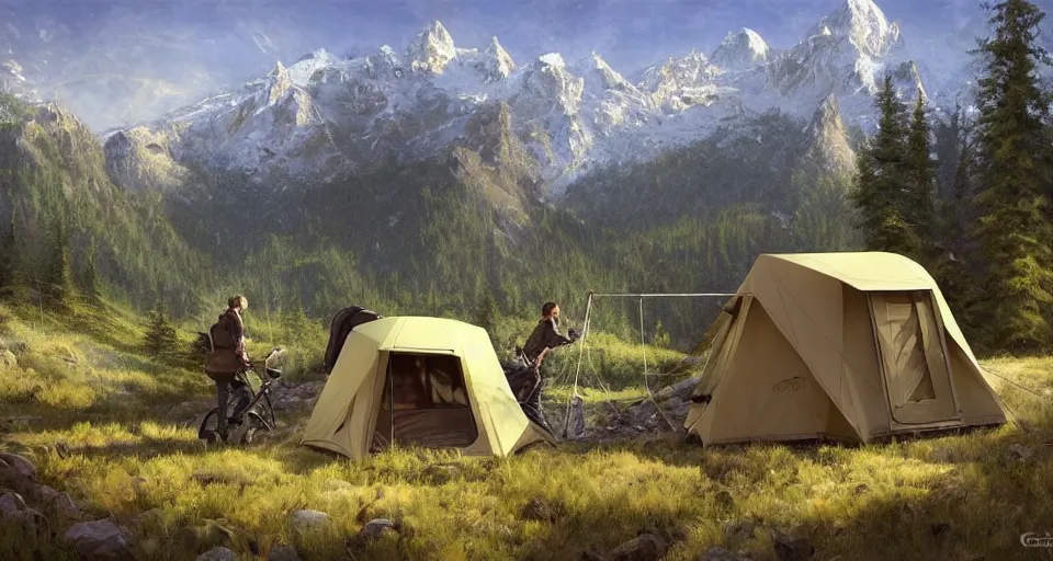 Prompt: cabela's beautiful comfortable carbon framed, military grade, modular insulated wall portable container home kit - house all weather family dwelling tent house, person in foreground, mountainous forested wilderness open fields, beautiful views, painterly concept art, environmental concept art, concept art illustration, by james gurney, by craig mullins, by greg rutkowski trending on artstation