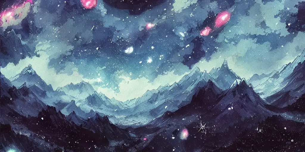 Image similar to stunning cold mountain landscape with sky full of galaxies by posuka demizu