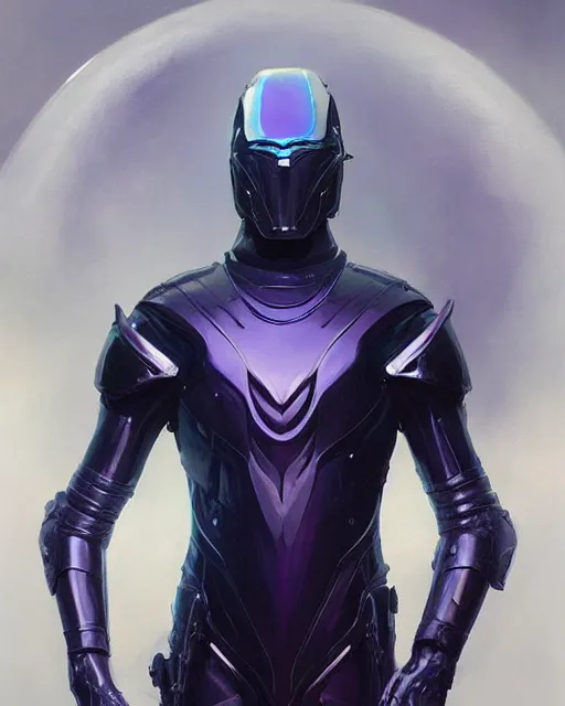 Image similar to character concept of iridescent sinewy smooth muscular male sleek glossy indigo black pearlescent scifi armor with smooth black onyx featureless helmet, by greg rutkowski, mark brookes, jim burns, tom bagshaw, magali villeneuve, trending on artstation