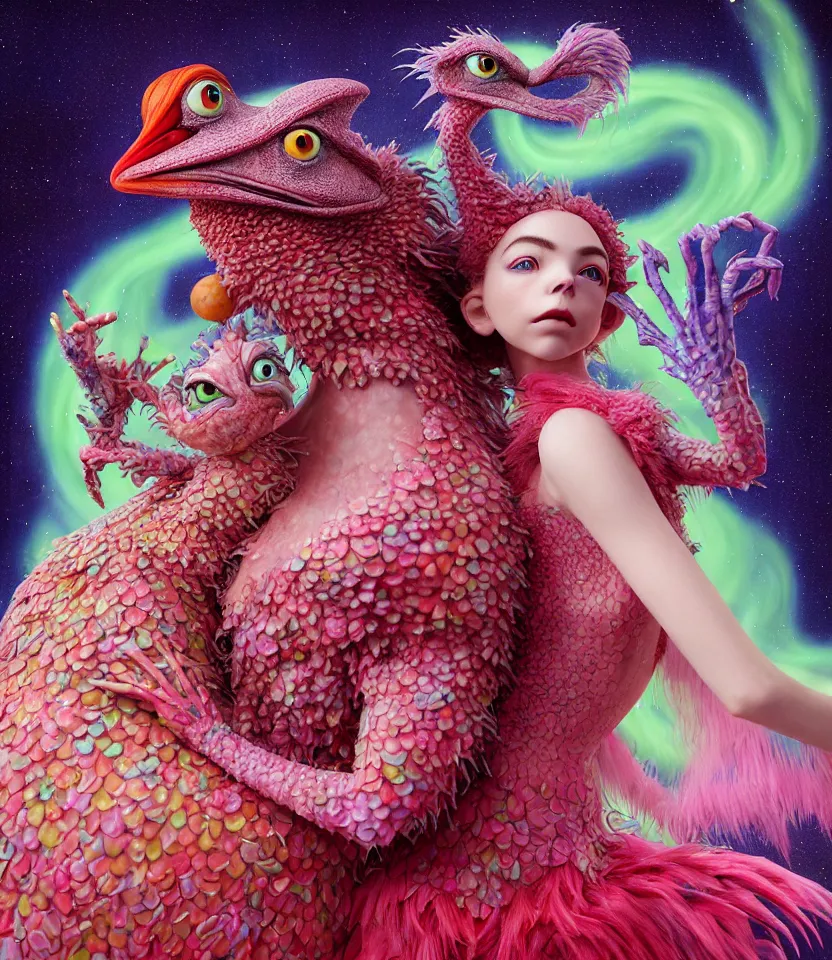 Image similar to hyper detailed 3d render like a Oil painting - kawaii portrait of lovers hugging or kissing Aurora (a beautiful girl skeksis muppet fae princess protective playful expressive acrobatic from dark crystal that looks like Anya Taylor-Joy) seen red carpet photoshoot in UVIVF posing in scaly dress to Eat of the Strangling network of yellowcake aerochrome and milky Fruit and His delicate Hands hold of gossamer polyp blossoms bring iridescent fungal flowers whose spores black the foolish stars by Jacek Yerka, Ilya Kuvshinov, Mariusz Lewandowski, Houdini algorithmic generative render, golen ratio, Abstract brush strokes, Masterpiece, Edward Hopper and James Gilleard, Zdzislaw Beksinski, Mark Ryden, Wolfgang Lettl, hints of Yayoi Kasuma and Dr. Seuss, Grant Wood, octane render, 8k