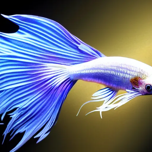 Image similar to a betta fish anthropomorphic angel, white and gold color palette, by Yoshitaka Amano, ethereal, dreamy, god rays