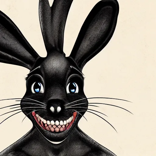 Image similar to A extremely highly detailed majestic hi-res beautiful, highly detailed head and shoulders portrait of a scary terrifying, horrifying, creepy black cartoon rabbit with scary big eyes, earing a shirt laughing, hey buddy, let's be friends, in the art style of Walt Disney