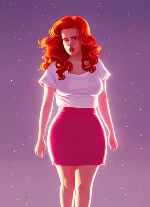 Image similar to full body portrait of teenage cheryl blossom, obese, bangs, sultry, realistic, red hair, sultry smirk, wavy hair, pink skirt, fat, obese, intricate, elegant, glowing lights, highly detailed, digital painting, artstation, concept art, smooth, sharp focus, illustration, art by wlop, mars ravelo and greg rutkowski