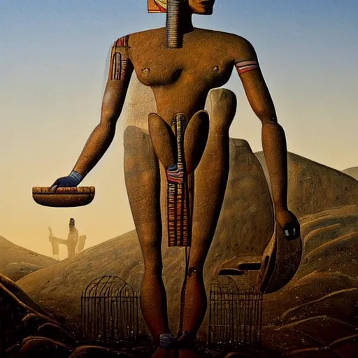Image similar to ancient egyptian papyrus by guido borelli da caluso robust. a beautiful experimental art of a small figure standing in the center of a dark, foreboding landscape. the figure is surrounded by strange, monstrous creatures, & there is a feeling of unease & dread.