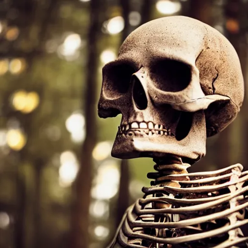 Image similar to portrait photo of a skeleton packed with electronics and mechanical components. In the forest with bokeh