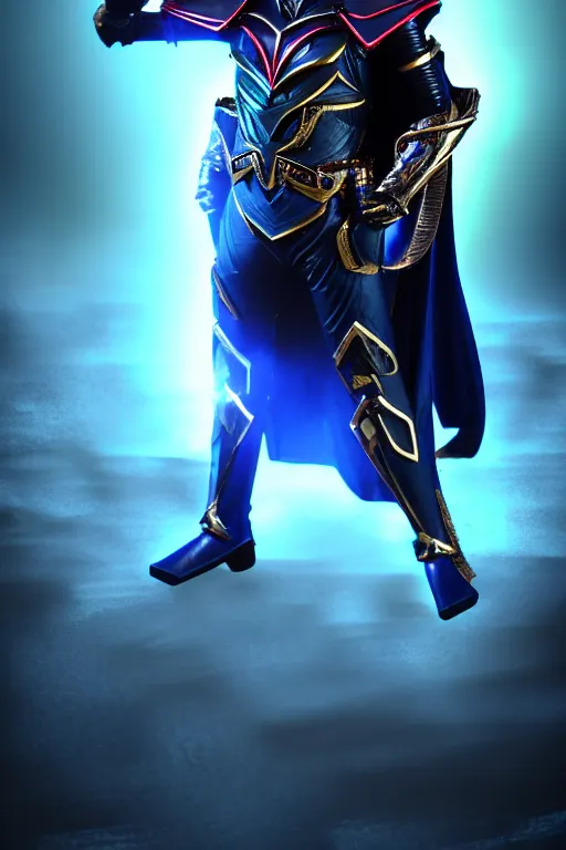 Prompt: High Fantasy Kamen Rider with a flowing cape, single character full body, 4k, rock quarry location, daytime, glowing eyes, rubber suit, dark blue segmented armor, fantasy inspired segmented dragon armor, ultra realistic, high quality, cinematic, centered, cinematography