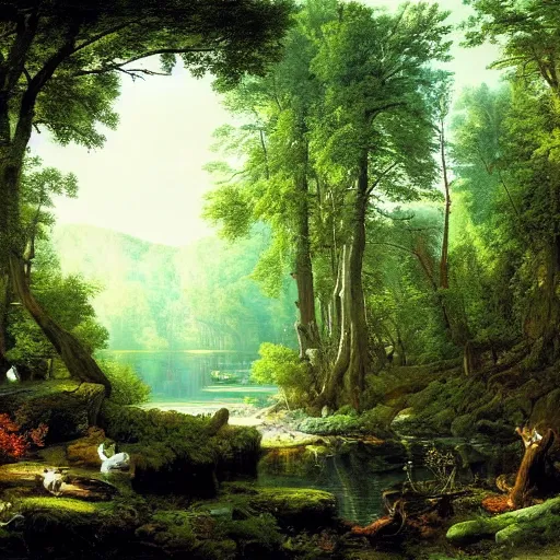 Prompt: a forest oasis, rock pools, harmony of nature, infinite dawn, angelic light, sparkling dew, by asher brown durand, by ivan shishkin,