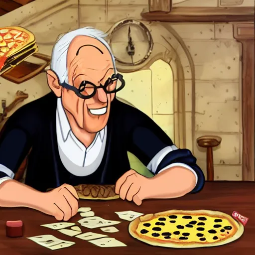 Prompt: a grumpy old danish man with long black hair eating pizza while DMing an AD&D game, D&D, rogue, dark hair, skinny, middle aged, D&D dice on table, papers on table, character sheets on table, natural lighting, black hair, style of don bluth