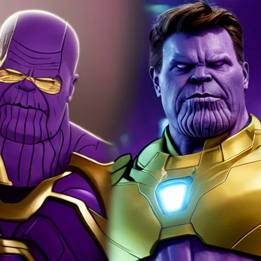 Image similar to thanos being rick rolled by the avengers in 4 k, high detail, realistic