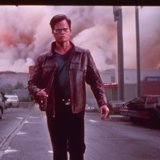 Prompt: film still of dwight k schrute as the terminator, with dunder mifflin office in background and on fire. 3 5 mm