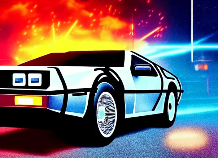 Prompt: back to the future, delorean, knight rider, daft punk, movie picture, synthwave style, tron legacy style