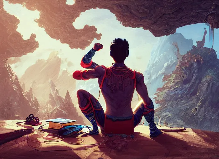 Image similar to an insanely detailed painting of an asian man wearing a homemade superhero costume, sitting at a desk, staring seriously at the computer and typing, in the style of peter mohrbacher, james jean, artgerm, dramatic lighting and composition, surreal background, octane render, pixar, trending on artstation, concept art, comic book, view from behind, 8 k