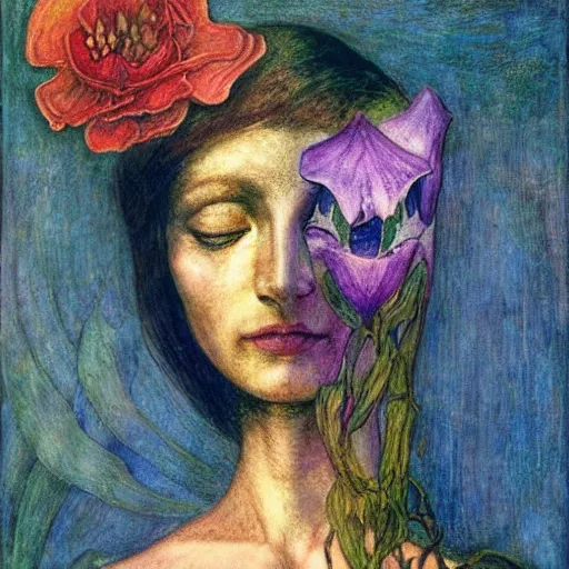 Image similar to the android in her flower mask, by Annie Swynnerton and Diego Rivera, symbolist, dramatic lighting, elaborate geometric ornament, Art Brut ,god rays, soft cool colors,smooth, sharp focus, extremely detailed, Adolf Wölfli