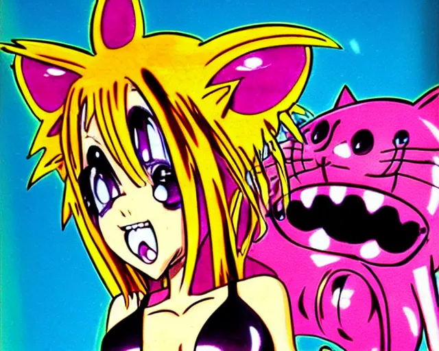 Image similar to high - quality anime catgirl in rat fink style by ed roth, crazy bulging eyes janky teeth riding in a hot rod, road rage, inspired by rat fink hot rods and 8 0 s bishoujo anime, vhs filter