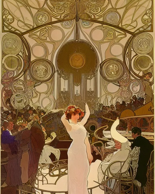 Image similar to painting alphonse mucha, interior of the opera house, view from the hall with a singer in a white dress on a lighted stage with an orchestra and audience in the hall, soft cinematic lighting, pastel color palette