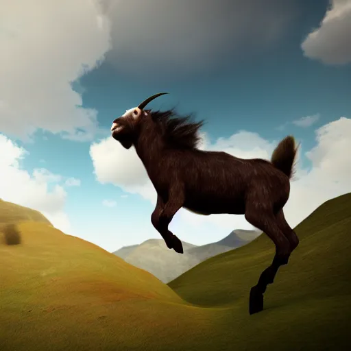 Image similar to half man half goat on a flying horse, clouds, mountains, epic, geek gods, volumetric lighting