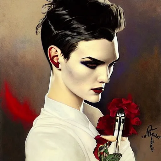 Image similar to beautiful portrait of androgynous ruby rose as desire from sandman in a white tuxedo!!!, rockabilly style, by alphonse mucha, cedric peyravernay, by jeremy mann, by frank moth, white suit and black tie, soft lightning, high detailed, 8 k