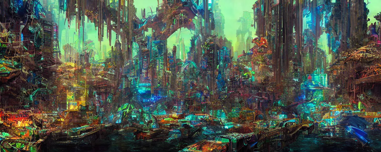 Image similar to dichroic ultra realistic illustration of beautiful ruination futuristic cyberpunk flooded kowloon, epic composition, accidental baroque golden ratio, by roger dean graffiti art, scifi, fantasy, hyper detailed. concept sketch. concept art. trending on artstation