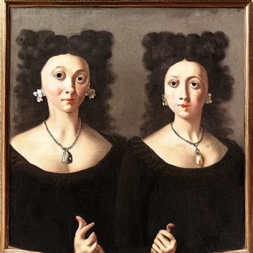 Prompt: baroque painting of a woman with two heads, black dress, gothic makeup