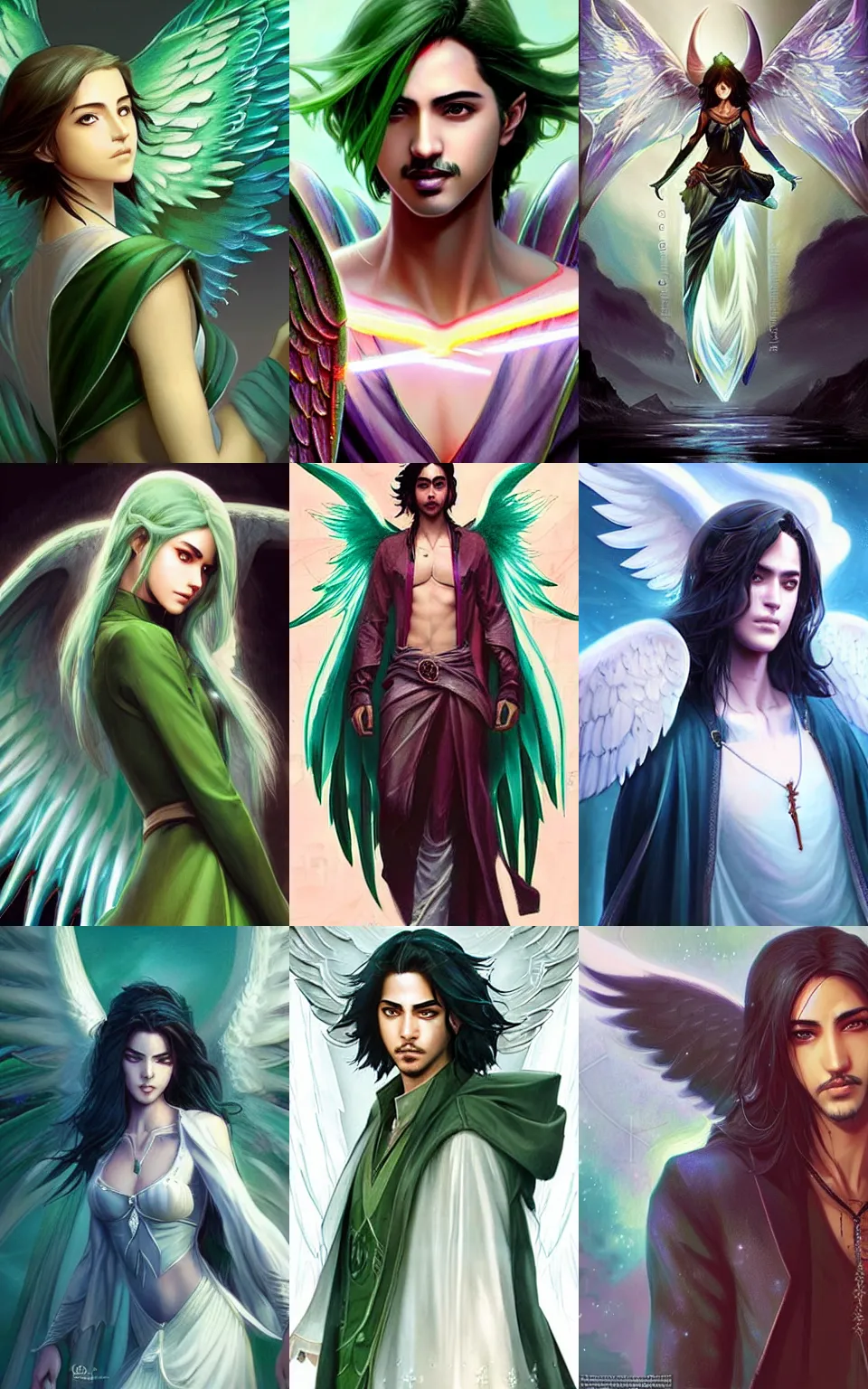 Prompt: Avan Jogia as an angel elf. Large green wings. Character design by charlie bowater, ross tran, artgerm, and makoto shinkai, detailed, inked, western comic book art, 2021 award winning painting