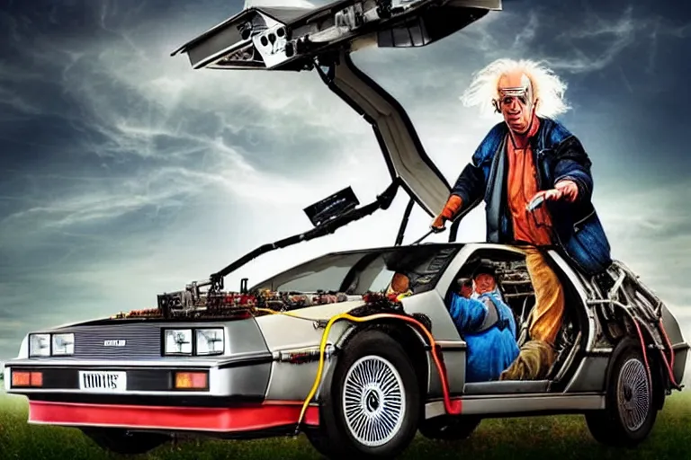 Image similar to doc brown, christopher lloyd working construction, building a delorean, back to the future, in the style of erik johansson
