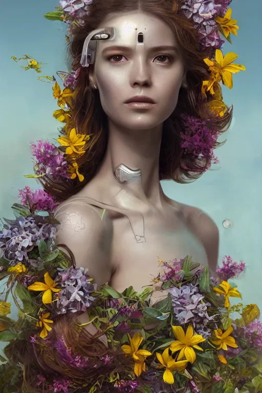 Image similar to a beautiful fine art RPG portrait photo of a robot female cyborg, spread out wavy hair covered by hibiscus, daffodils, hydrangea, montsera leaves by tom bagshaw, golden ratio composition, soft studio lighting, soft vignette, 50mm lens, very detailed, bionic, cybernetic scifi, deep depth of field, artstation, 8K